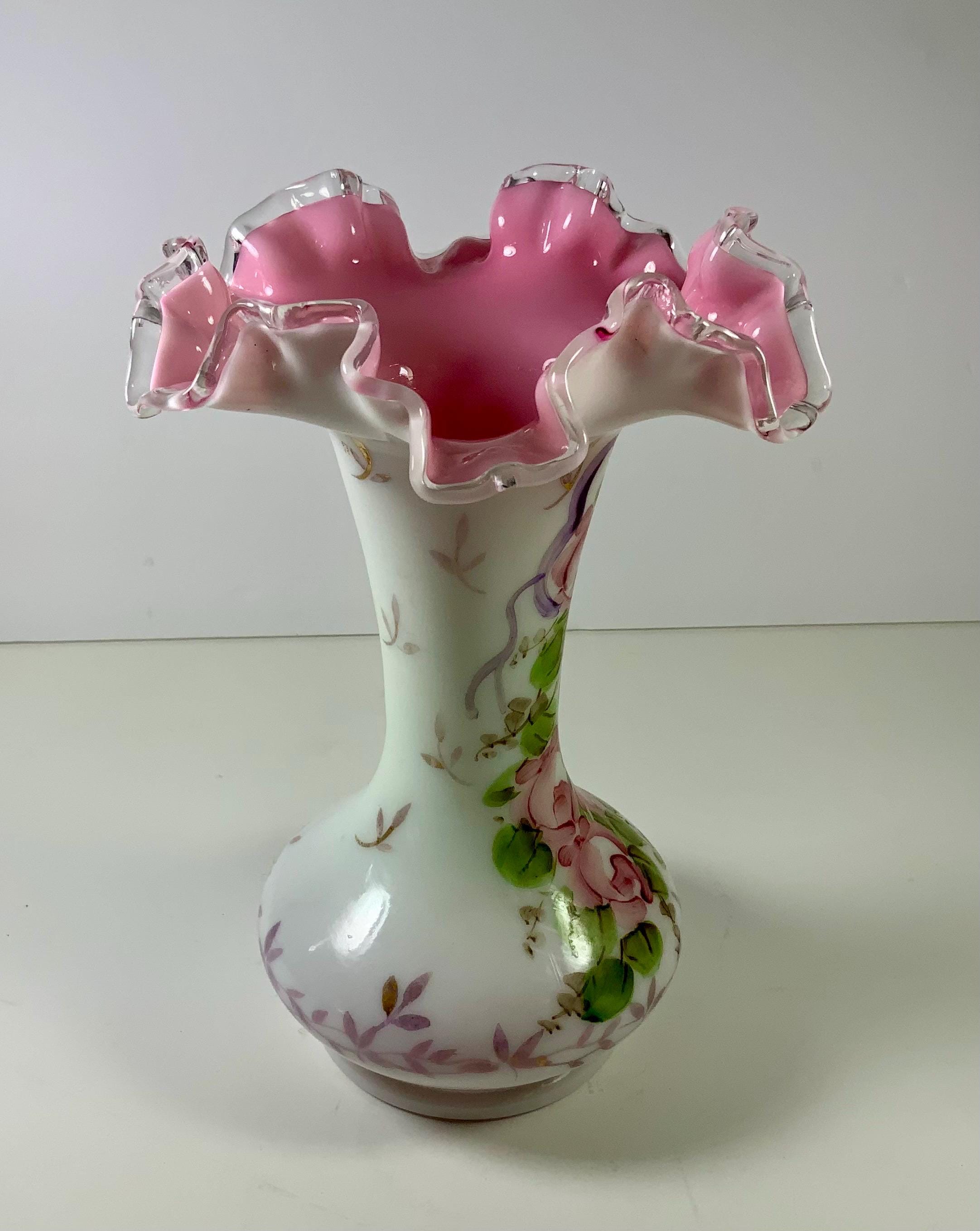 Vintage FENTON FLORAL VASE Handpainted Florals Pink/peach Crest