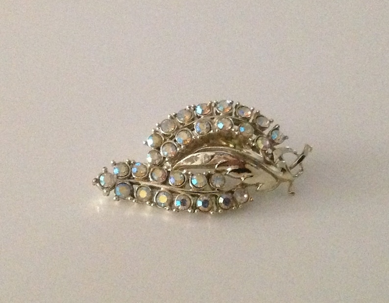 Vintage AB Rhinestone Leaf Brooch. V clasp image 2