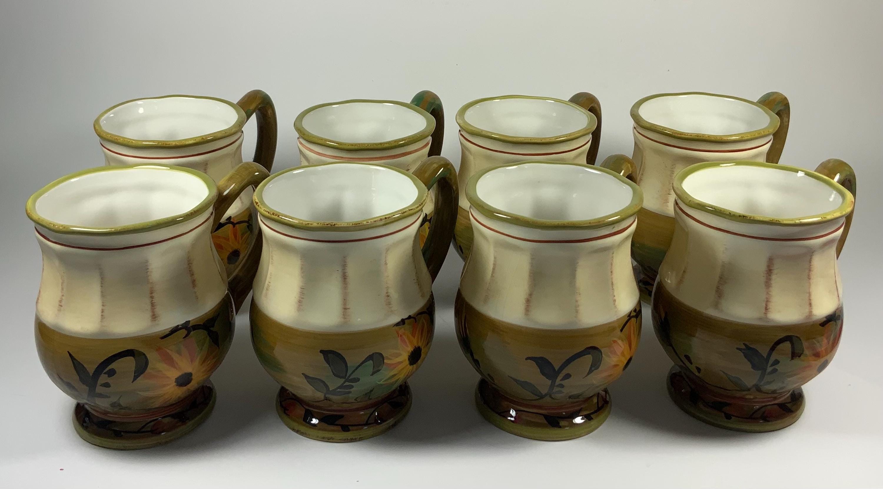 Vintage SUNFLOWER MUGS Margaret LE Van Scalloped Rim Cups Serving Kitchen Dining Floral Mugs Drinkware (Set of 8)