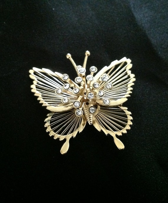 Vintage Monet Filigree Rhinestone Butterfly Brooch