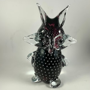 Vintage BLOWN GLASS OWL, Art Glass Figurine, Paperweight, Bullicante, Signed