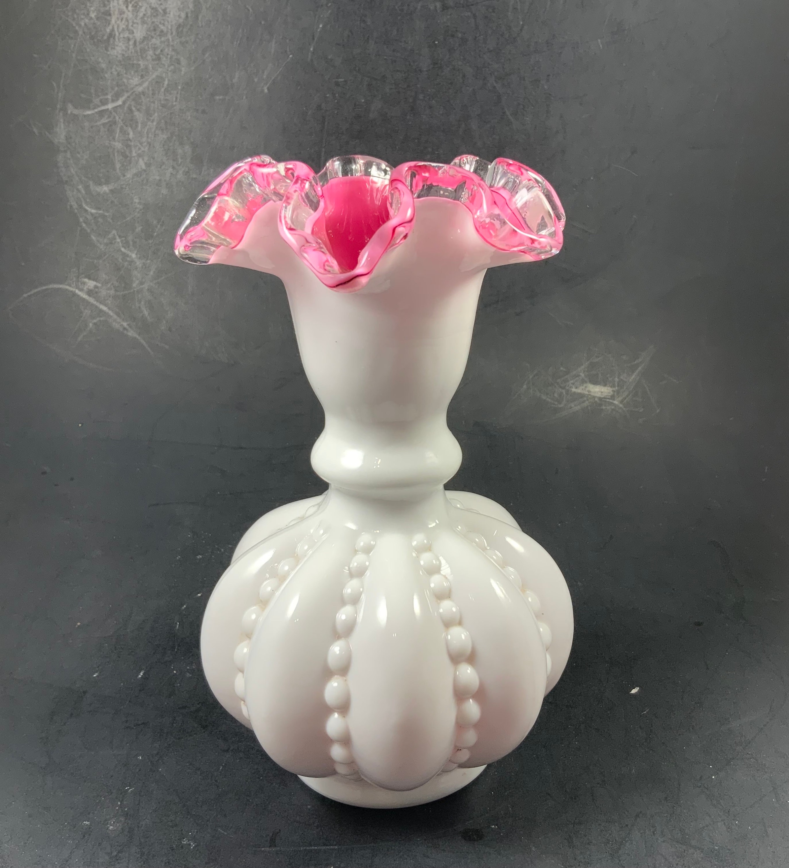 Vintage FENTON MELON VASE, Beaded W/pink and Clear Ruffled Crest