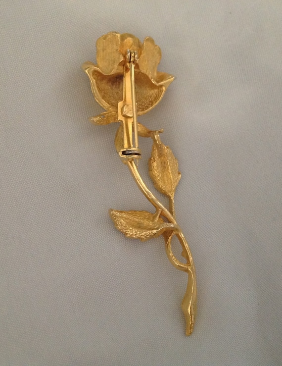 Vintage Rhinestone Long Stem Rose Brooch - image 3