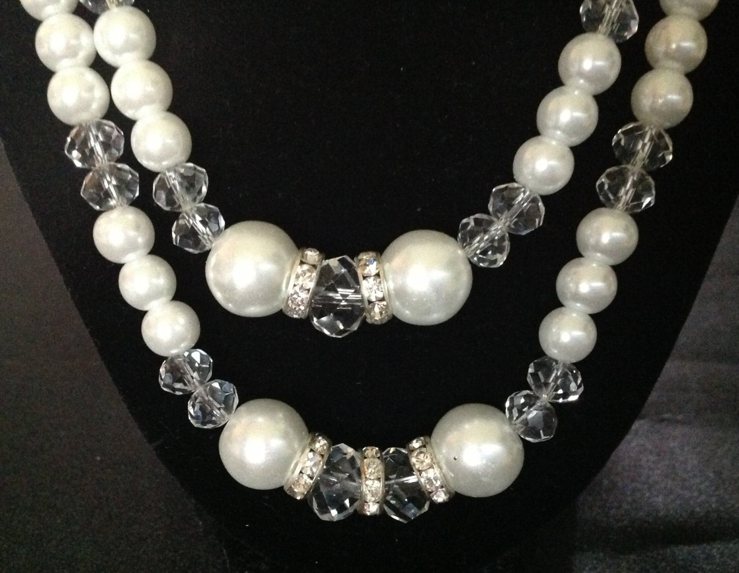 Vintage Double Strand Glass Pearl & Crystal Necklace With Rhinestones ...
