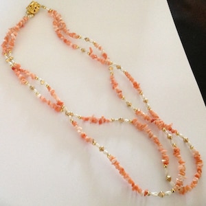 Beautiful Vintage Genuine Pink Angel Skin Coral, Genuine Fresh Water Pearls & Gold tone Beads Necklace