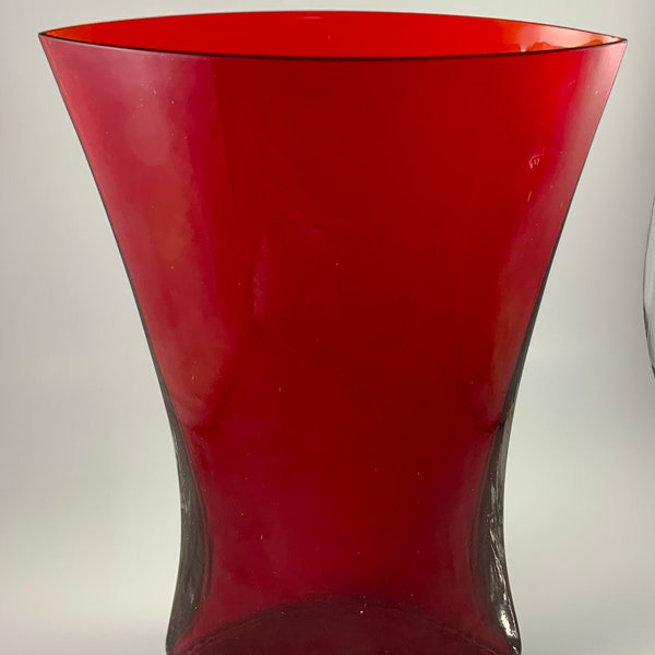 Vintage RUBY RED VASE, Blown Glass , Tapered , Streamline