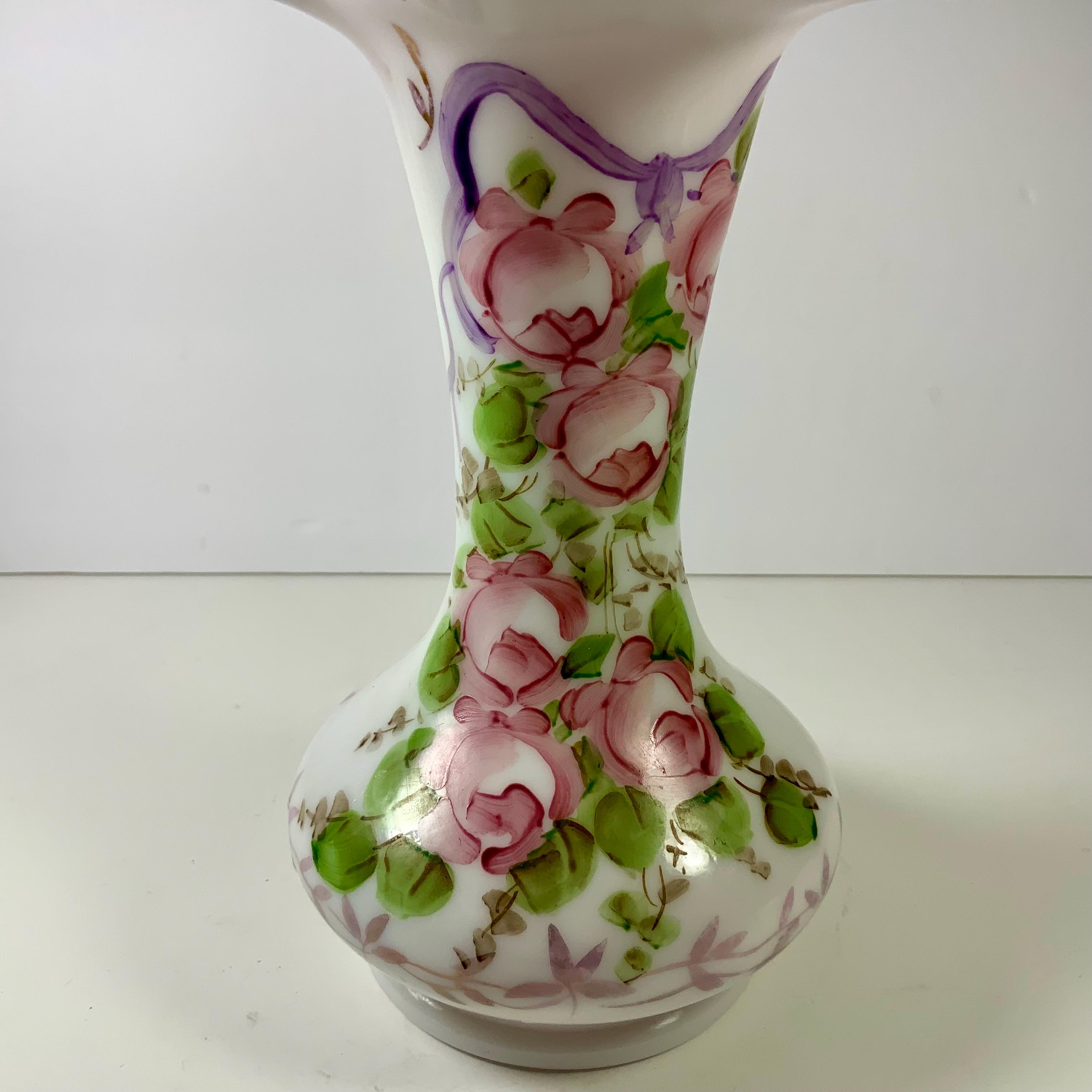 Vintage FENTON FLORAL VASE Handpainted Florals Pink/peach Crest