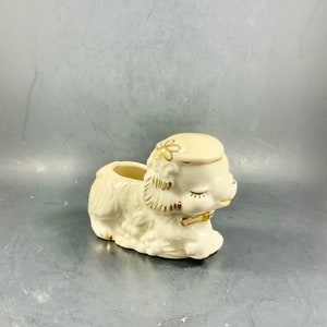 Vintage SLEEPING PUPPY PLANTER, Cream W/ Gold Gilt, Succulent, Cacti