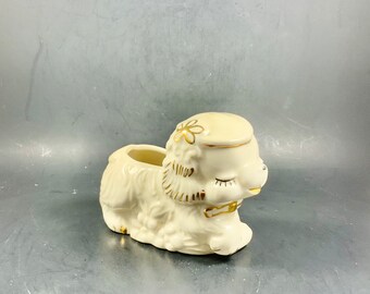 Vintage SLEEPING PUPPY PLANTER, Cream W/ Gold Gilt, Succulent, Cacti