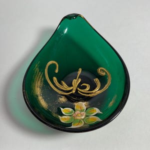 Vintage CZECH TRINKET DISH, Emerald Green Floral Dish, Handpainted, Gold Accents, Decor, Collectibles