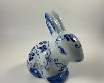 Vintage FLORAL BUNNY RABBIT, Blue & White, Figurine, Statue, Sculpture, Decor