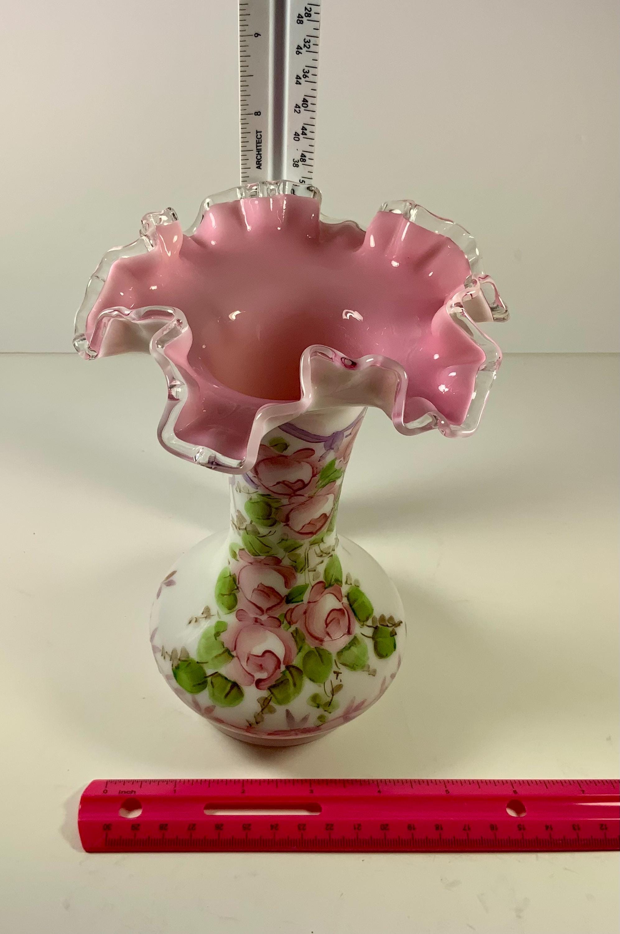 Vintage FENTON FLORAL VASE Handpainted Florals Pink/peach Crest