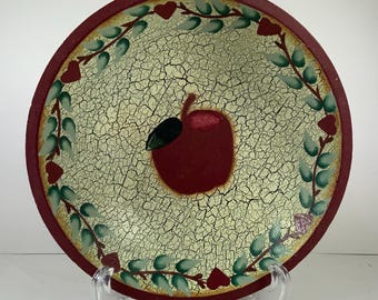 Vintage WOODEN APPLE BOWL Red Apple Fruit Motif Crackle Handpainted Decorative Bowl Fruit Bowl Centerpiece Kitchen Decor