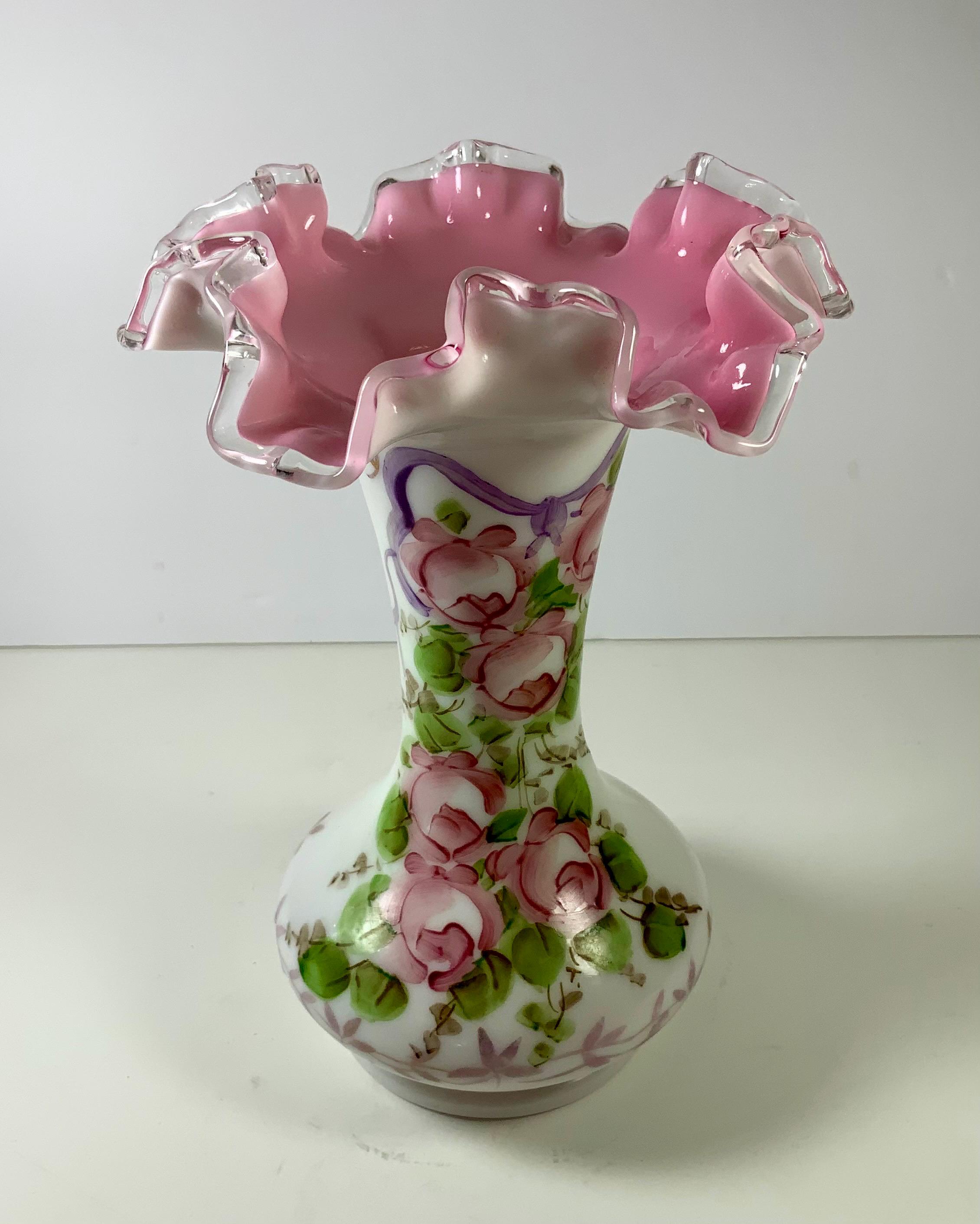 Vintage FENTON FLORAL VASE Handpainted Florals Pink/peach Crest