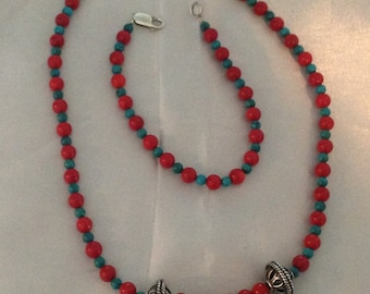 Vintage Sterling Silver Red Coral  & Turquoise Necklace  and Bracelet Set