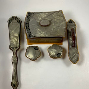Vintage CELLULOID VANITY SET, Brush, Powder Box, Nail Buffer, 2 Vanity Boxes, Decor