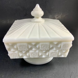 Vintage WESTMORELAND MILK GLASS, Milk Glass Covered Dish, “Old Quilt” Pattern, Pedestal