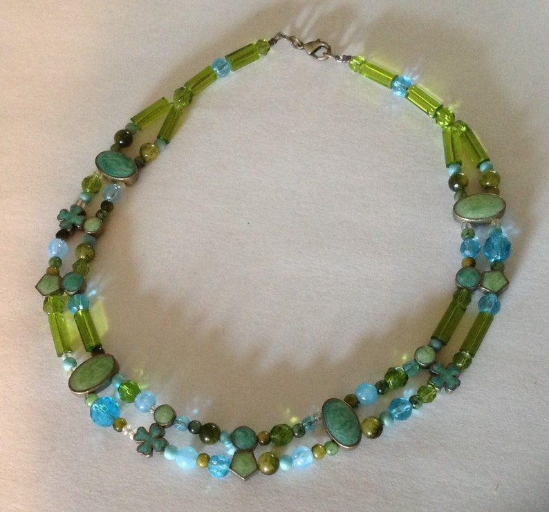 Vintage Blue/green Crystal Glass & Stone Necklace - Etsy