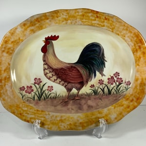 Vintage DECORATIVE ROOSTER PLATTER Scalloped Rim Kitchen Decor Tray Platter Serving