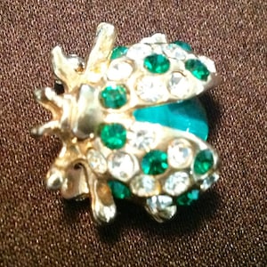 Vintage Emerald Green Cabochon/ Rhinestone Lady Bug Brooch
