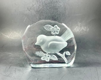 Vintage CRYSTAL BIRD Paperweight, Reversed Carved Lead Crystal