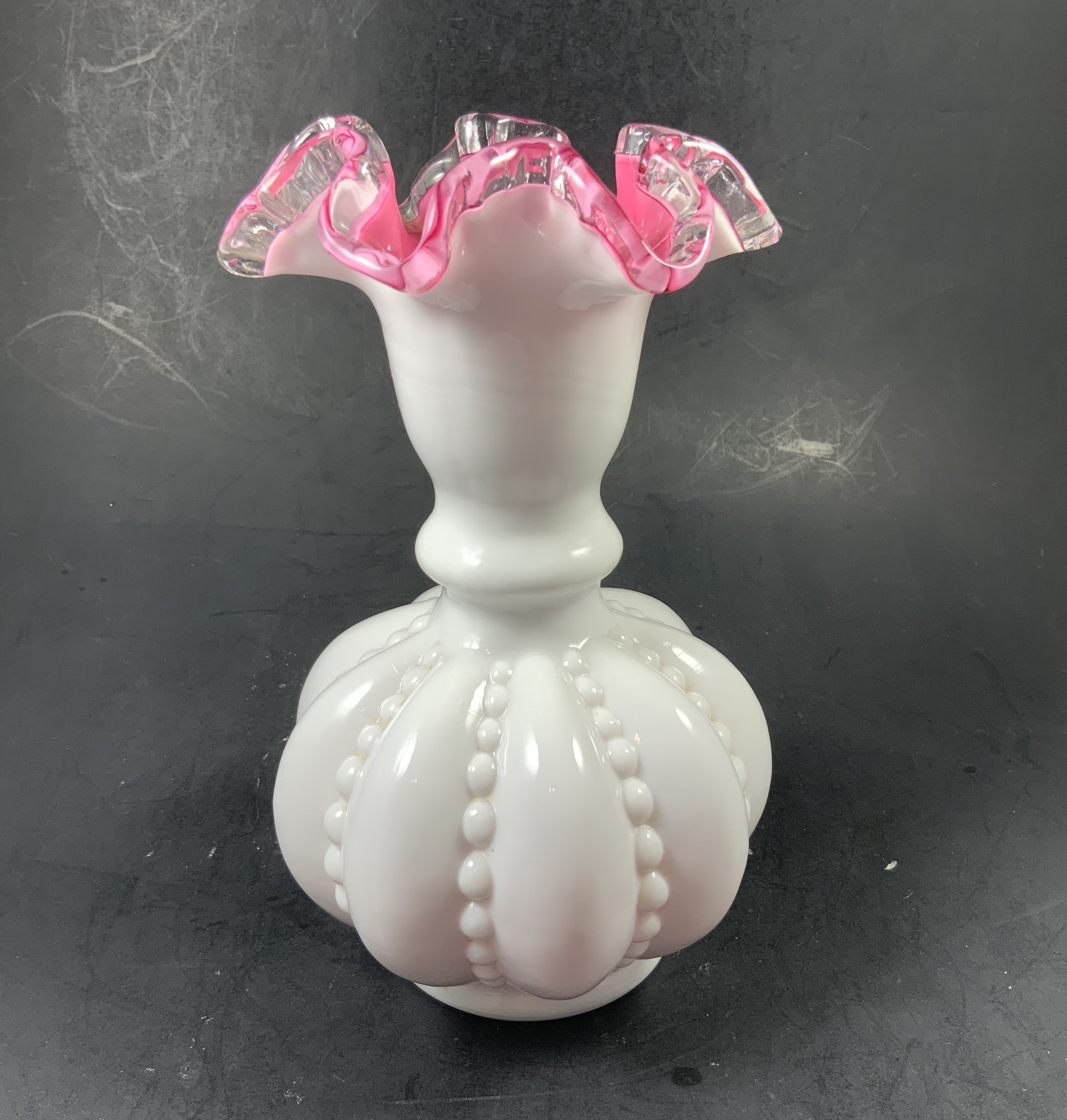 Vintage FENTON MELON VASE, Beaded W/pink and Clear Ruffled Crest