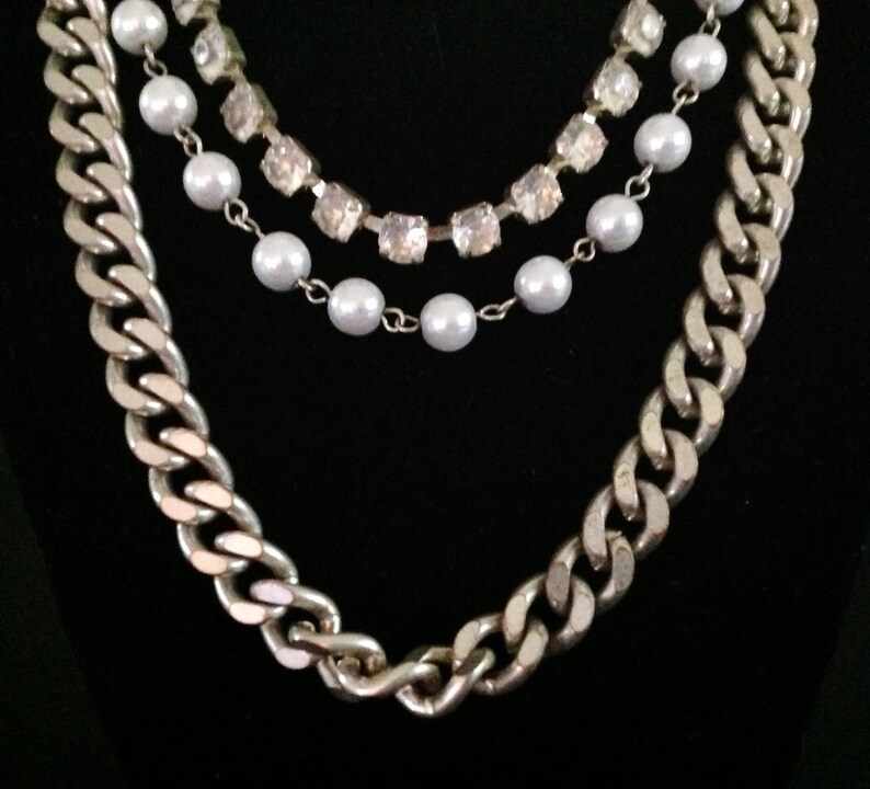 Vintage Triple Strand Pearl & Rhinestone Necklace Etsy