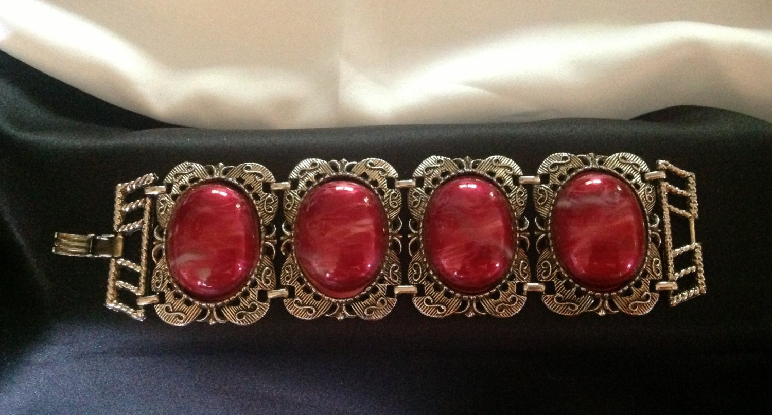 Vintage Antique Gold Filigree Link Bracelet W/ Oval Marbled Etsy