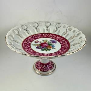 Vintage VICTORIAN PEDESTAL COMPOTE, Reticulated Handpainted Porcelain, Dish, Cranberry Floral