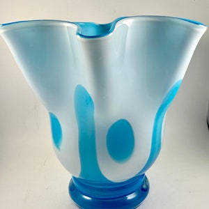 Vintage TURQUOISE/WHITE VASE, Blown Glass. Handkerchief Vase, Art Glass