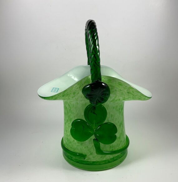Vintage SHAMROCK HANDLED BASKET, Eamons, Art Glass, Blown Glass, Ireland, Decor