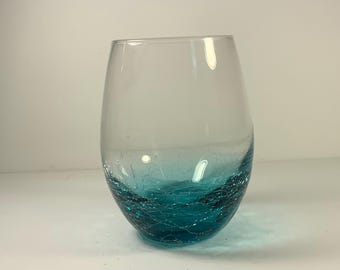 Vintage PIER 1 STEMLESS GLASSWARE Crackle Glass Wine Glass Candleholder Teal Glass  Kitchen Dining Barware Collectables