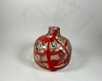 Vintage ANTHROPOLOGY GLASS VASE, Red and Clear Fused Glass, Blown Glass