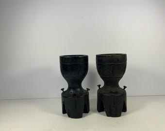 Vintage TRIBAL WOODEN CANDLEHOLDERS African Carved Global Folk Art East African Sculptural Design Ebony/Black Wood Rustic Primitive Brutalis
