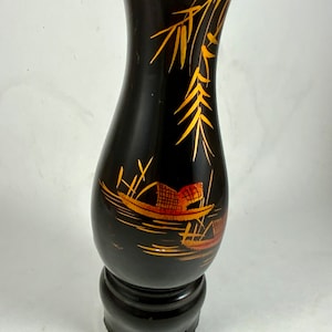 Vintage ASIAN BLACK LAQUER Vase, Wood Handpainted