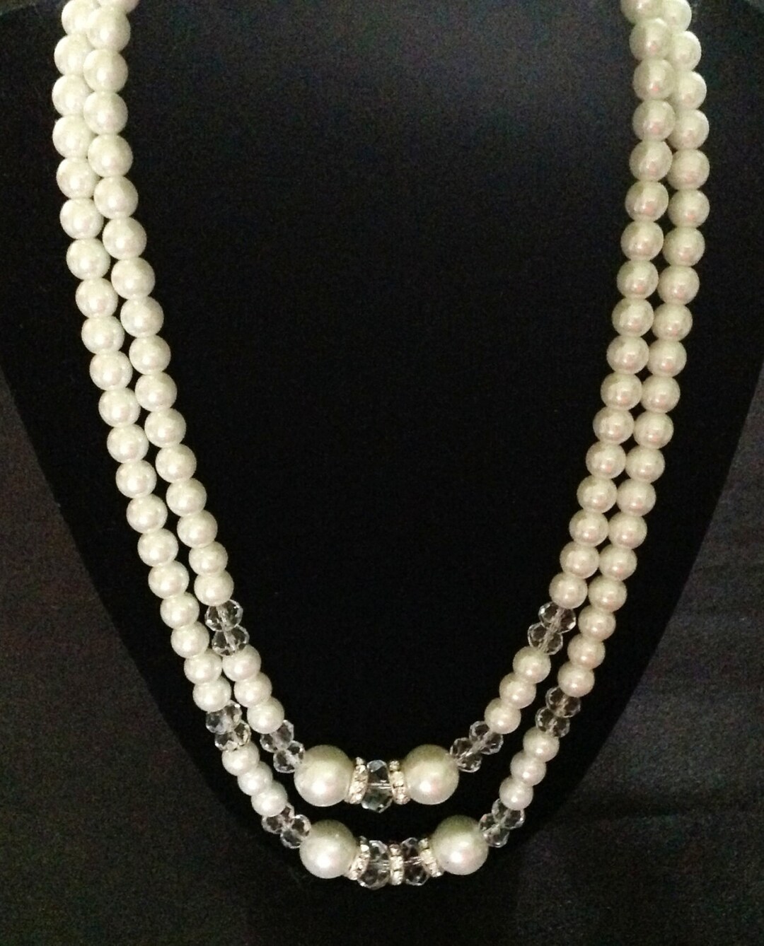 Vintage Double Strand Glass Pearl & Crystal Necklace With - Etsy