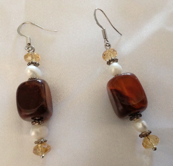 Vintage Amber Colored Lucite / Genuine Pearl Earr… - image 1