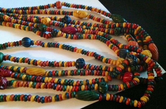 Vintage Multi Strand Multi Colored Carved Bead Ne… - image 2