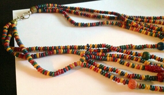 Vintage Multi Strand Multi Colored Carved Bead Ne… - image 4