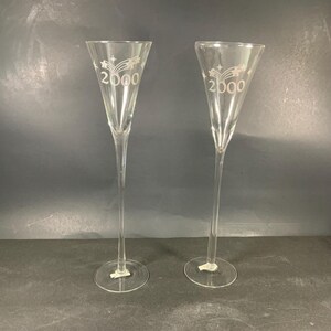 Vintage MILLENNIUM TOASTING FLUTES, Champagne Glasses, Barware, Silver Etched “ 2000”, Keepsake