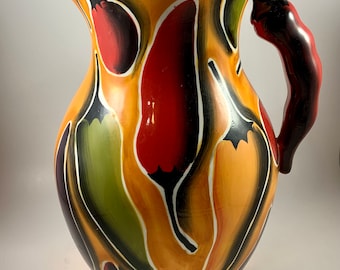 Vintage “CAYENNE” STONELITE PITCHER, Clay Art, Handpainted, Chilli Pepper, Decor, Kitchen