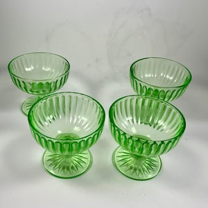 Vintage HAZEL ATLAS URANIUM Sherbert Glasses, Ribbon Green, Depression Glass
