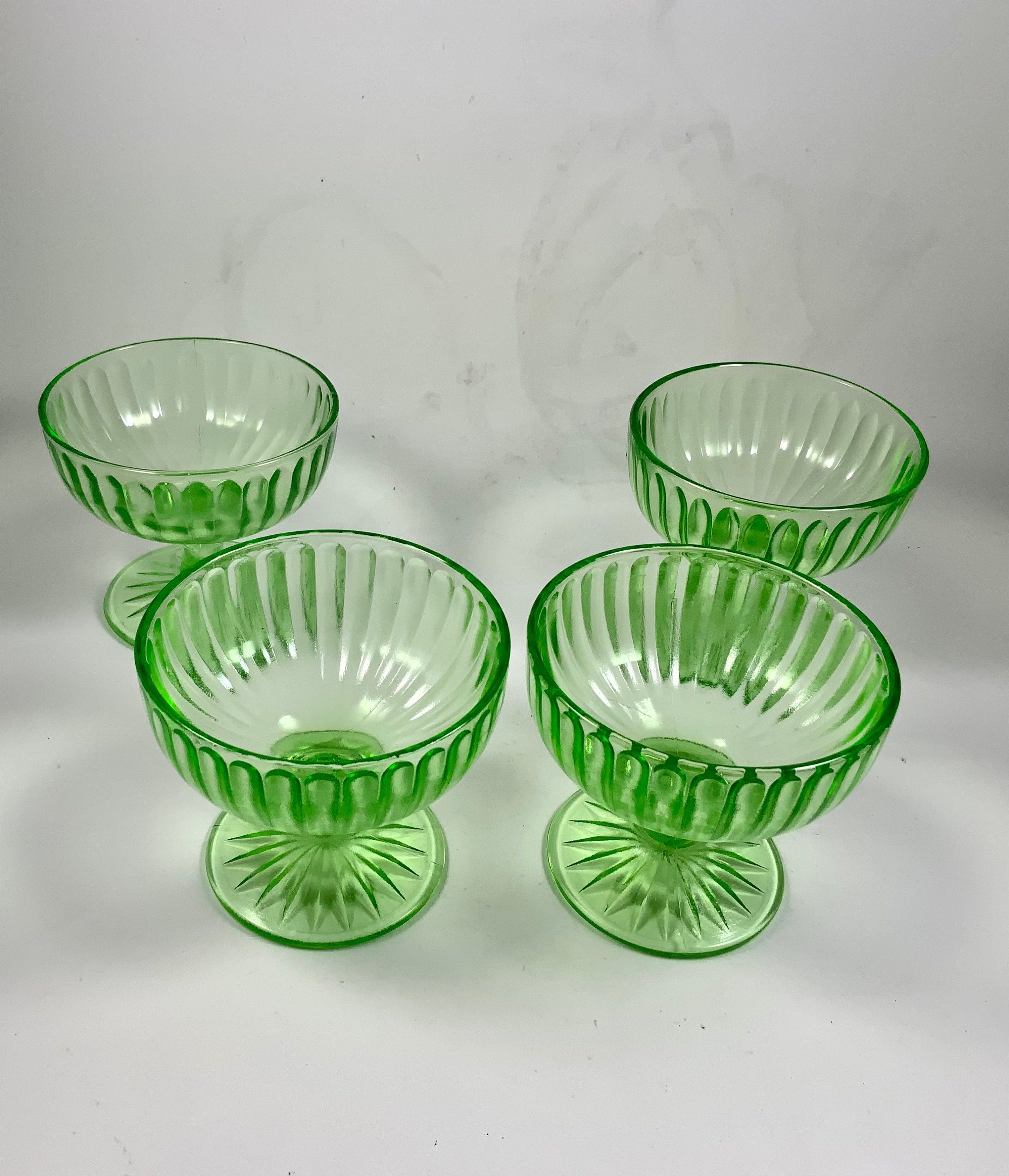 Vintage HAZEL ATLAS URANIUM Sherbert Glasses, Ribbon Green
