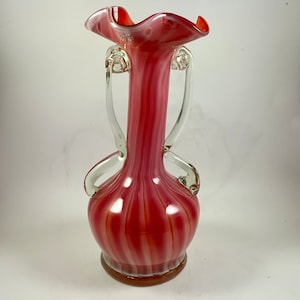 Vintage MURANO CRANBERRY VASE, Blown Glass, Art Glass, Double Handled, Ruffled Rim