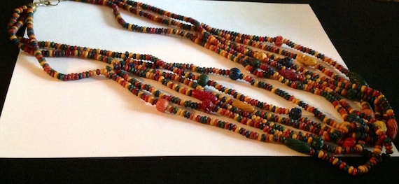 Vintage Multi Strand Multi Colored Carved Bead Ne… - image 1