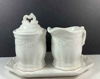 Vintage SUGAR CREAMER W/TRAY Set “Vintage Ivory” Collection Embossed Scrolling J C Penney Kitchen Serving Dining (Discontinued)