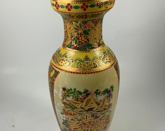 Vintage ASIAN HANDPAINTED VASE, Japanese, Chinese, Gold Gild, Floral, Birds, Decor Collectables