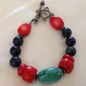 Vintage Turquoise/Coral/Blue Lapis Stone Bracelet