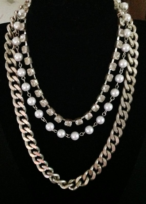 Vintage Triple Strand Pearl & Rhinestone Necklace