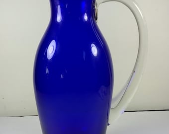 Vintage ART GLASS PITCHER Vase Cobalt Blue W/Clear Applied Handle Decor Collectables Blown Glass Serving Pitcher Centerpiece Gift For Woman
